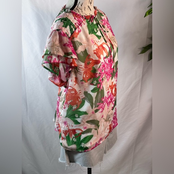 CeCe Pink and Orange Puff Sleeve Blouse with Tie Front 🌷 - Picture 4 of 10